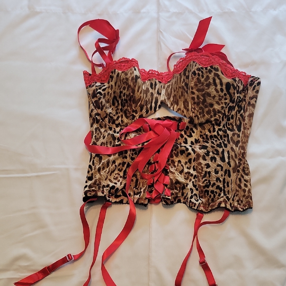 Shirley of Hollywood Leopard Print Corset with Black and Red Details